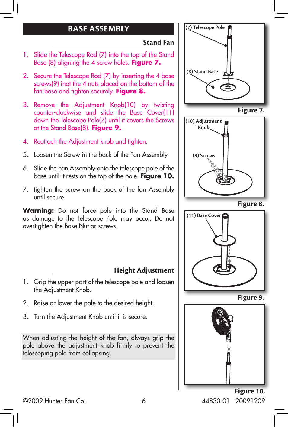 Base assembly, Stand fan, Height adjustment | Stand fan figure 9, Figure 7, Figure 8. height adjustment, Figure 10 | Hunter Fan 20091209 User Manual | Page 6 / 11