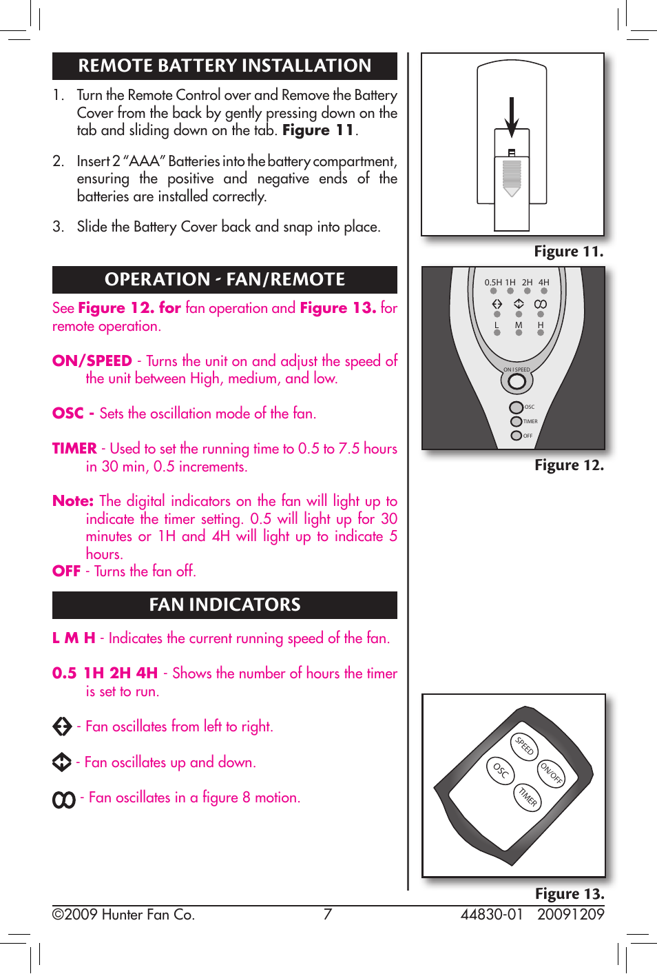 Remote battery installation, Operation - fan/remote, Fan indicators | Figure 12, Figure 11, Figure 13 | Hunter Fan 20091209 User Manual | Page 7 / 11