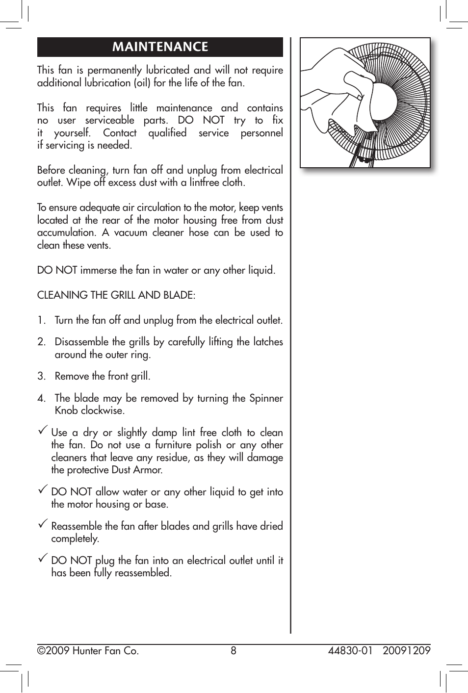 Maintenance | Hunter Fan 20091209 User Manual | Page 8 / 11