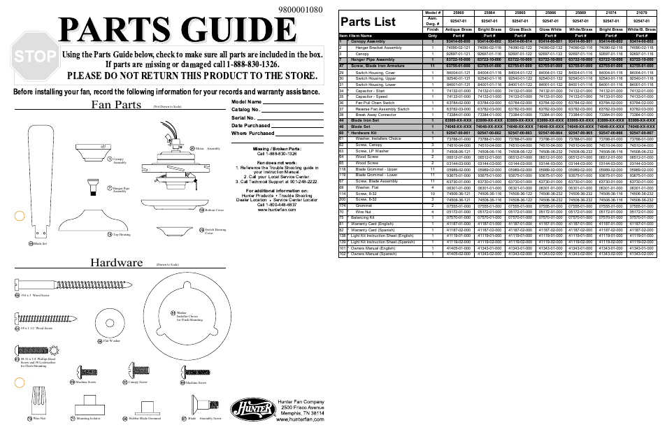 Hunter Fan Fan Parts 25860 User Manual | 1 page