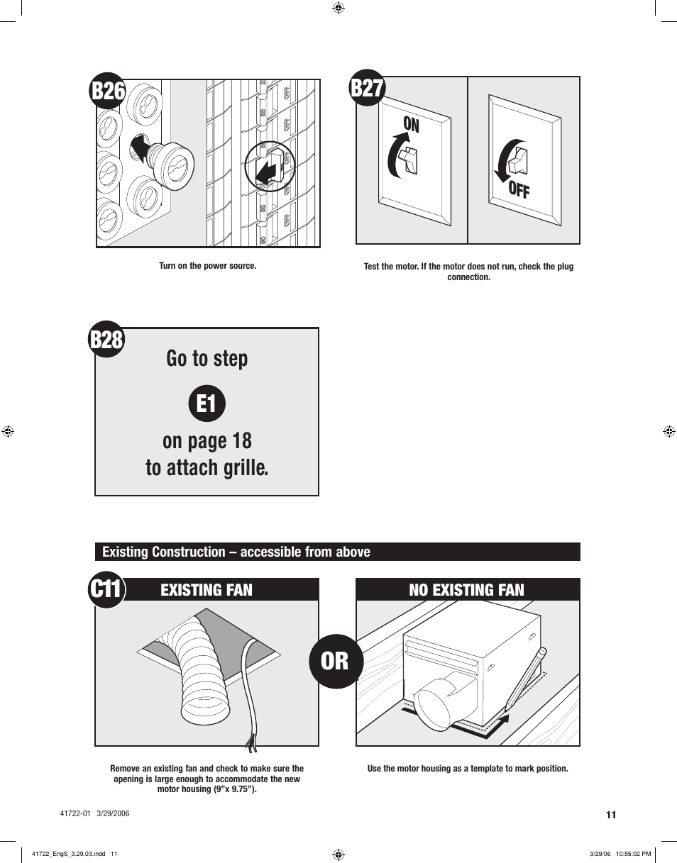 B28 e1, Go to step on page 18 to attach grille, On off | Hunter Fan ELLIPSE 90063 User Manual | Page 11 / 40