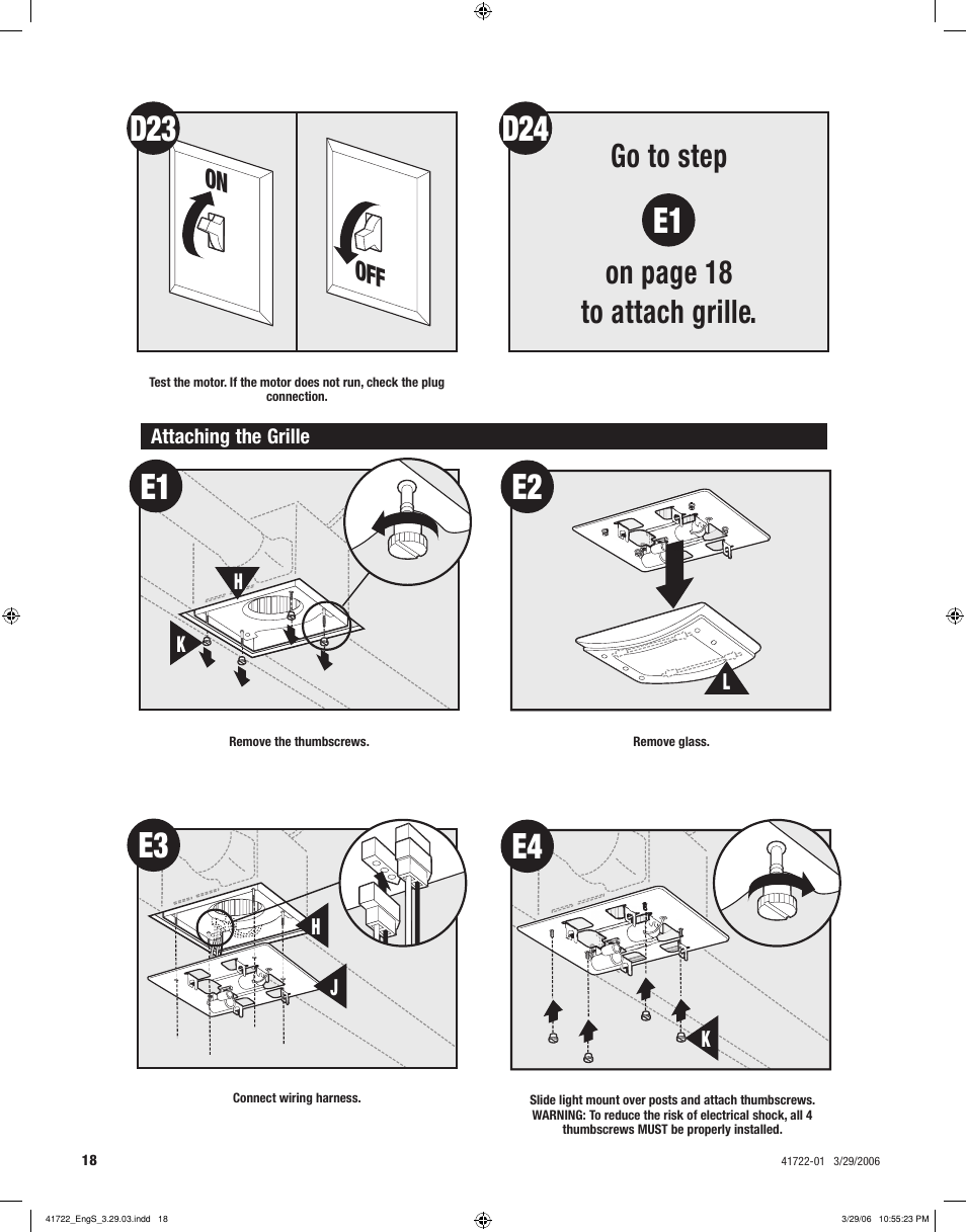 E3 e2, Go to step on page 18 to attach grille, On off | Hunter Fan ELLIPSE 90063 User Manual | Page 18 / 40