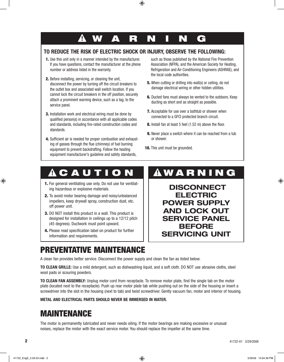 Preventative maintenance, Maintenance | Hunter Fan ELLIPSE 90063 User Manual | Page 2 / 40