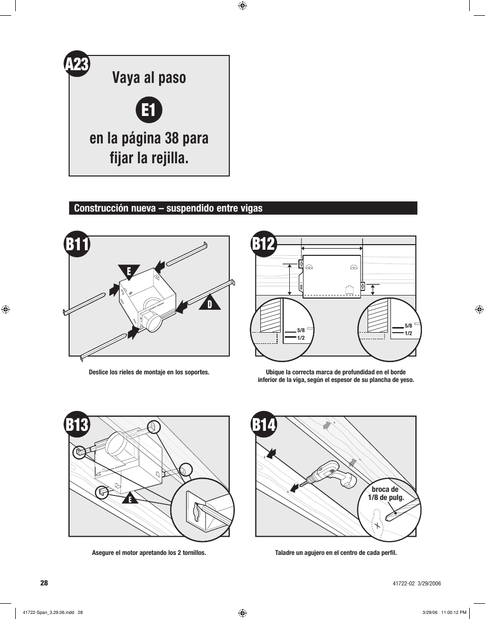 A23 e1, B13 b14, Vaya al paso en la página 38 para fijar la rejilla | Hunter Fan ELLIPSE 90063 User Manual | Page 28 / 40