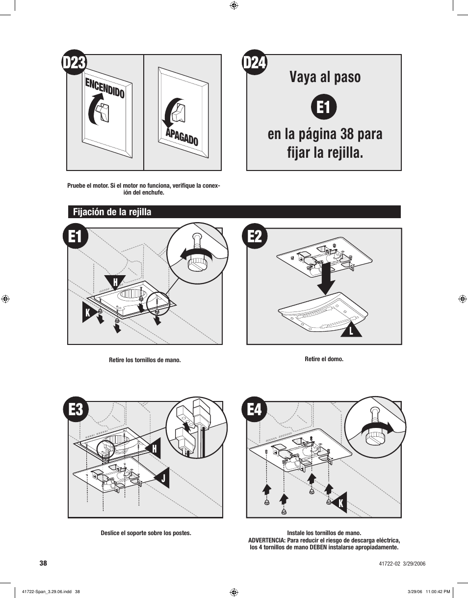 E3 e2, Vaya al paso en la página 38 para fijar la rejilla | Hunter Fan ELLIPSE 90063 User Manual | Page 38 / 40