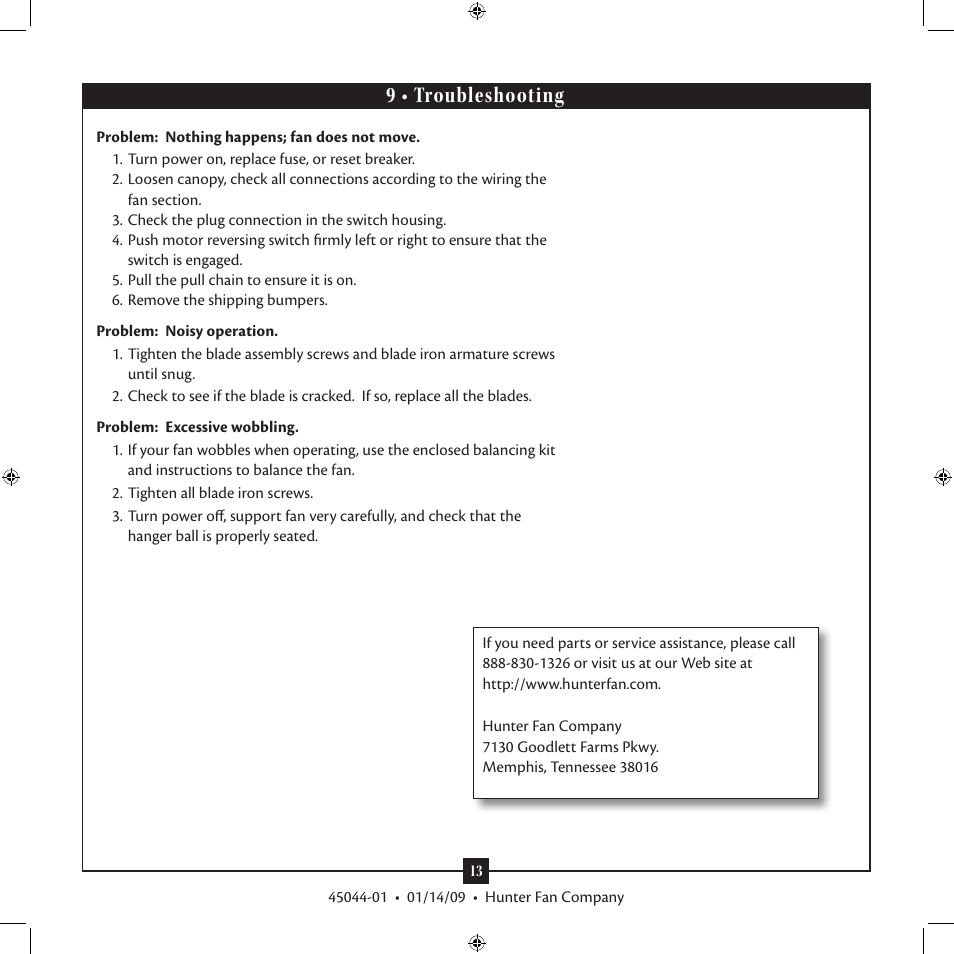 9 • troubleshooting | Hunter Fan Type User Manual | Page 13 / 13