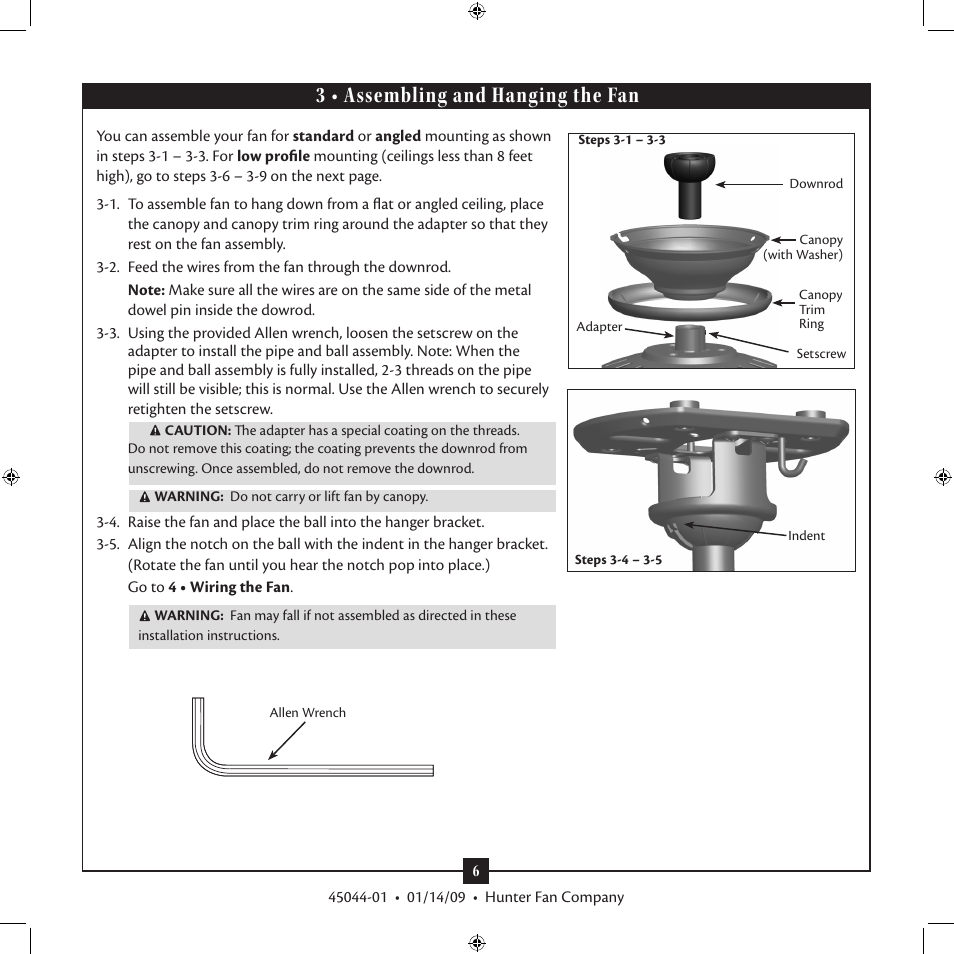 3 • assembling and hanging the fan | Hunter Fan Type User Manual | Page 6 / 13