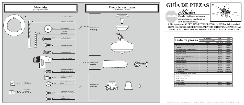 Guía de piezas, Materiales, Piezas del ventilador | Parada, Lista de piezas | Hunter Fan 23488 23489 User Manual | Page 2 / 2