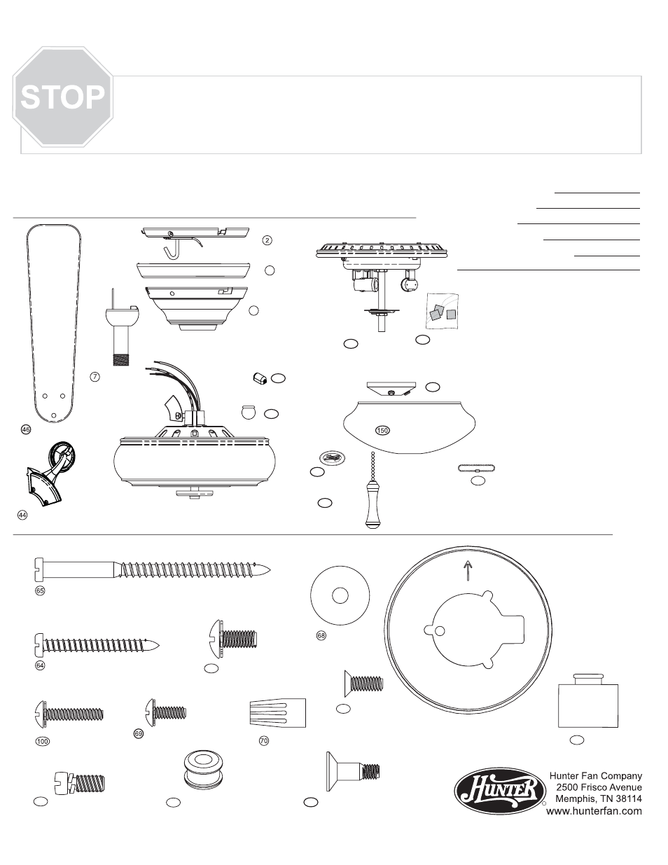 Parts guide, Guía de piezas, Piezas del ventilador | Herrajes | Hunter Fan 25903 User Manual | Page 3 / 4