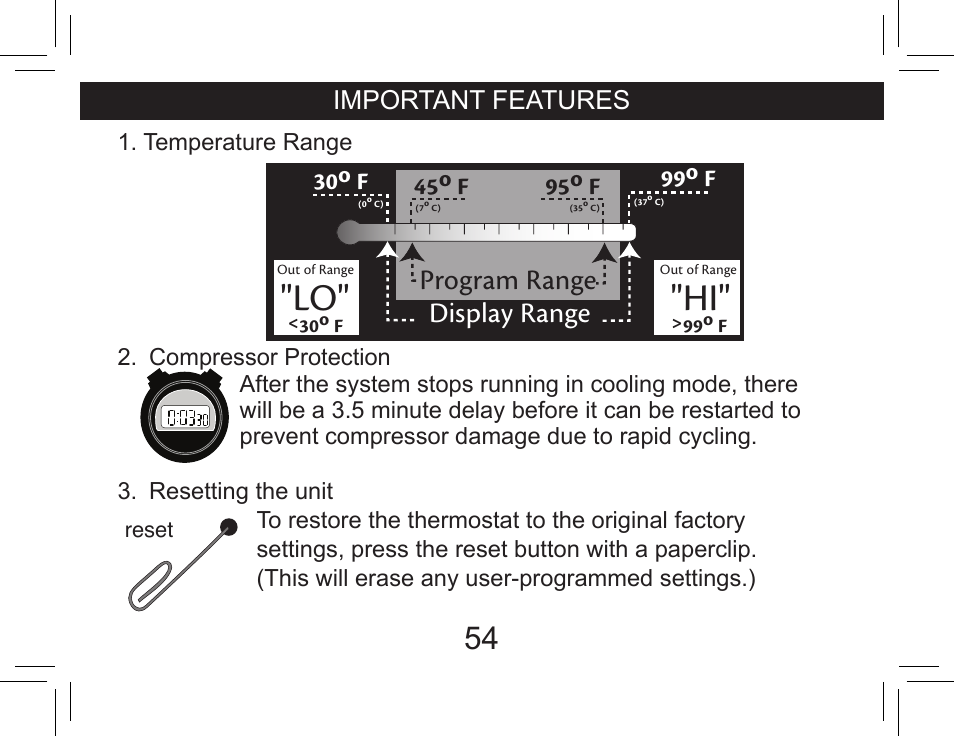 Display range, Program range, Important features | Hunter Fan 44360 User Manual | Page 54 / 58