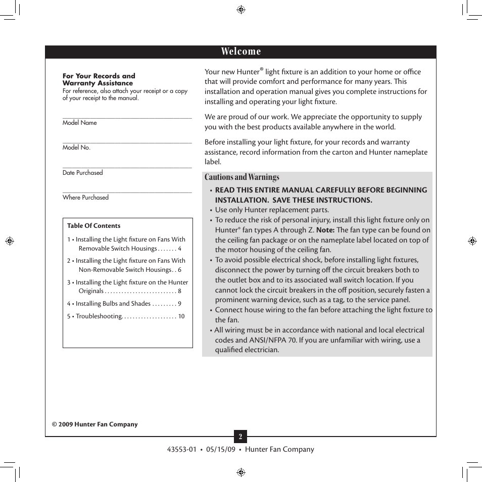Welcome, Cautions and warnings | Hunter Fan 43553-01 User Manual | Page 2 / 10