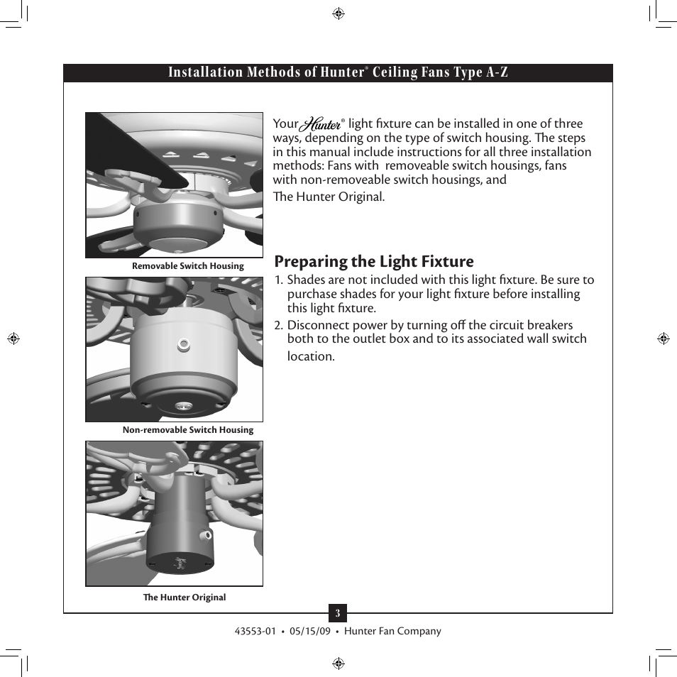 Preparing the light fixture | Hunter Fan 43553-01 User Manual | Page 3 / 10