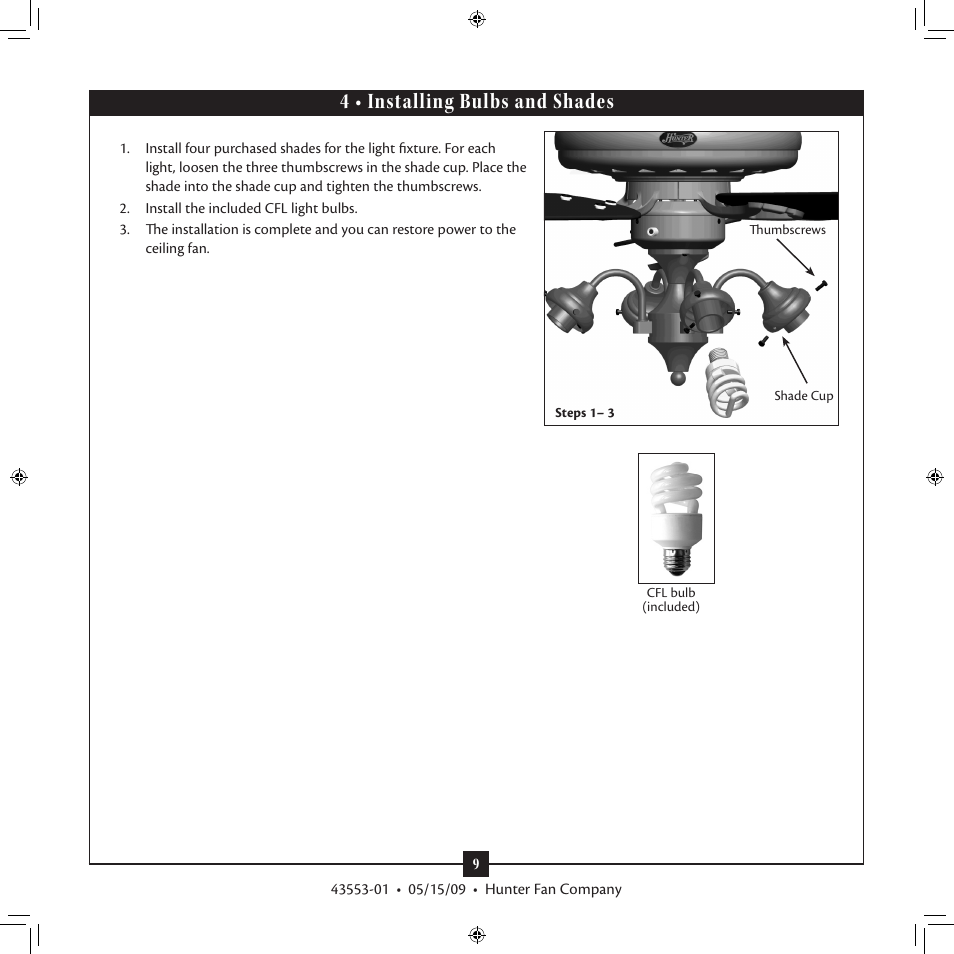 4 • installing bulbs and shades | Hunter Fan 43553-01 User Manual | Page 9 / 10