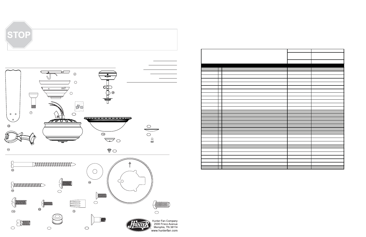 Guía de piezas, Lista de piezas, Piezas del ventilador | Herrajes | Hunter Fan 23801 User Manual | Page 2 / 2
