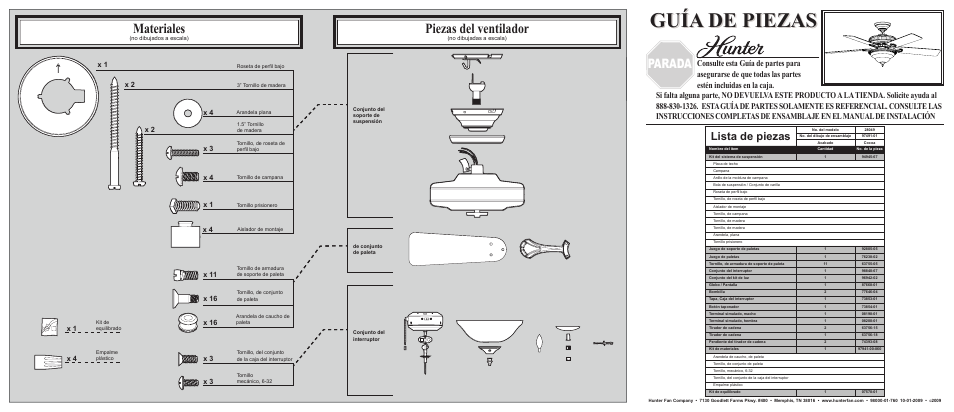 Guía de piezas, Piezas del ventilador, Materiales | Parada, Lista de piezas | Hunter Fan 28049 User Manual | Page 2 / 2