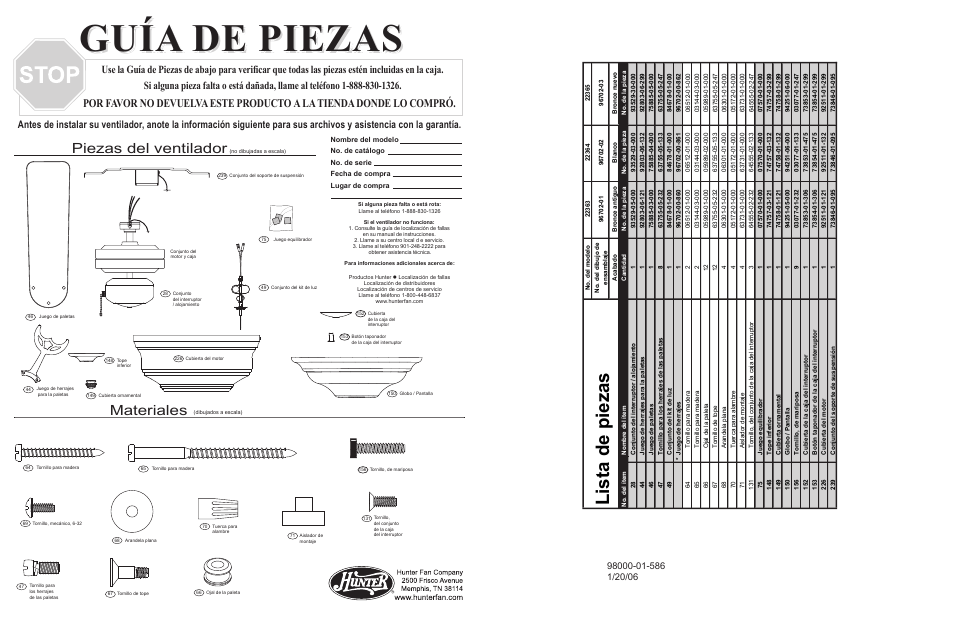 Guía de piezas, Li st a de p ie za s, Materiales | Piezas del ventilador | Hunter Fan 2.24E+14 User Manual | Page 3 / 4