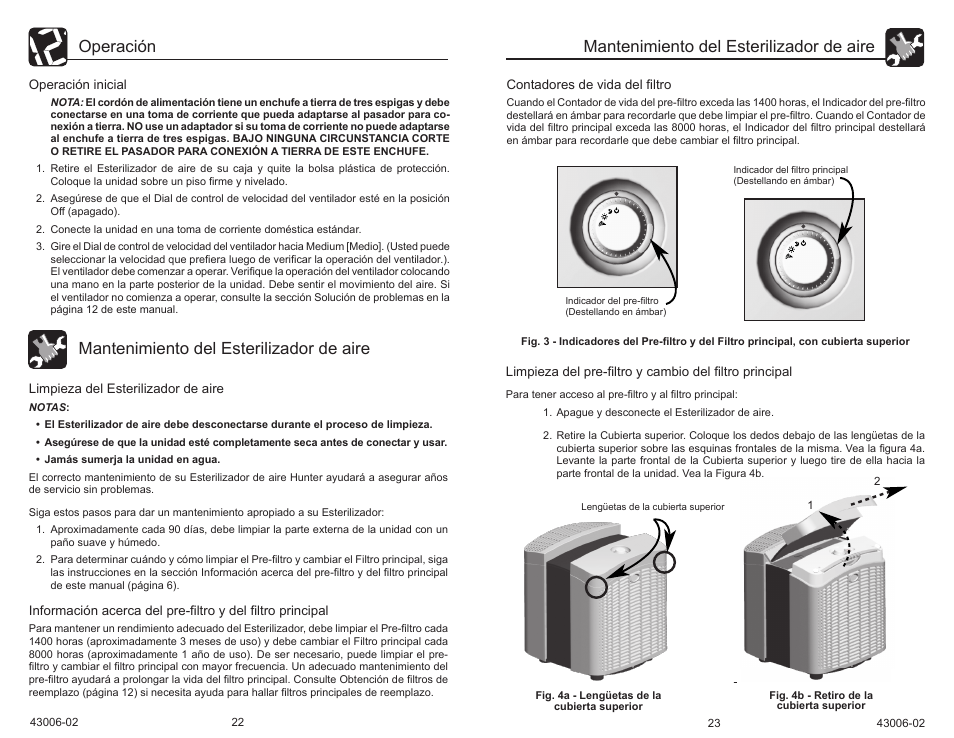 Operación, Mantenimiento del esterilizador de aire | Hunter Fan 30581 User Manual | Page 13 / 26