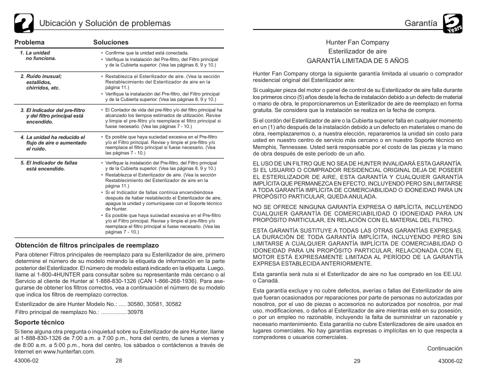 Ubicación y solución de problemas, Garantía | Hunter Fan 30581 User Manual | Page 16 / 26