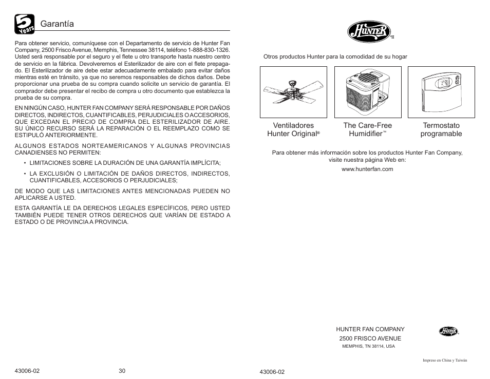 Garantía | Hunter Fan 30581 User Manual | Page 17 / 26