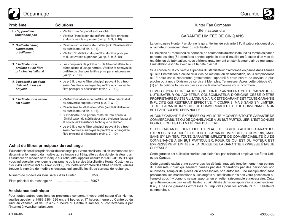 Dépannage, Garantie | Hunter Fan 30581 User Manual | Page 25 / 26