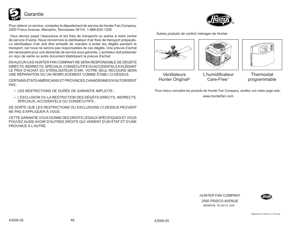 Garantie | Hunter Fan 30581 User Manual | Page 26 / 26