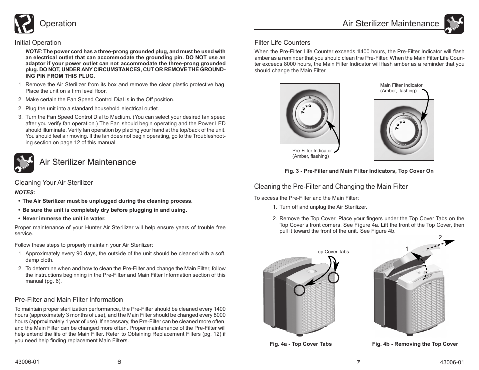 Operation, Air sterilizer maintenance | Hunter Fan 30581 User Manual | Page 4 / 26