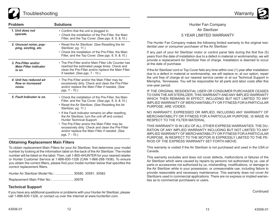 Troubleshooting, Warranty | Hunter Fan 30581 User Manual | Page 7 / 26