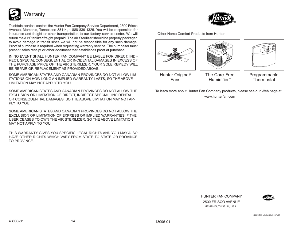 Warranty | Hunter Fan 30581 User Manual | Page 8 / 26