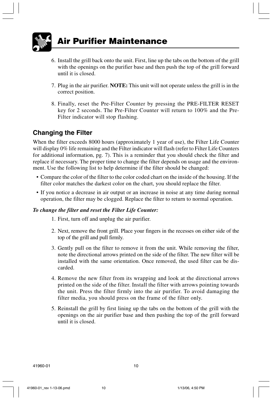 Air purifier maintenance, Changing the filter | Hunter Fan 30525 User Manual | Page 10 / 15