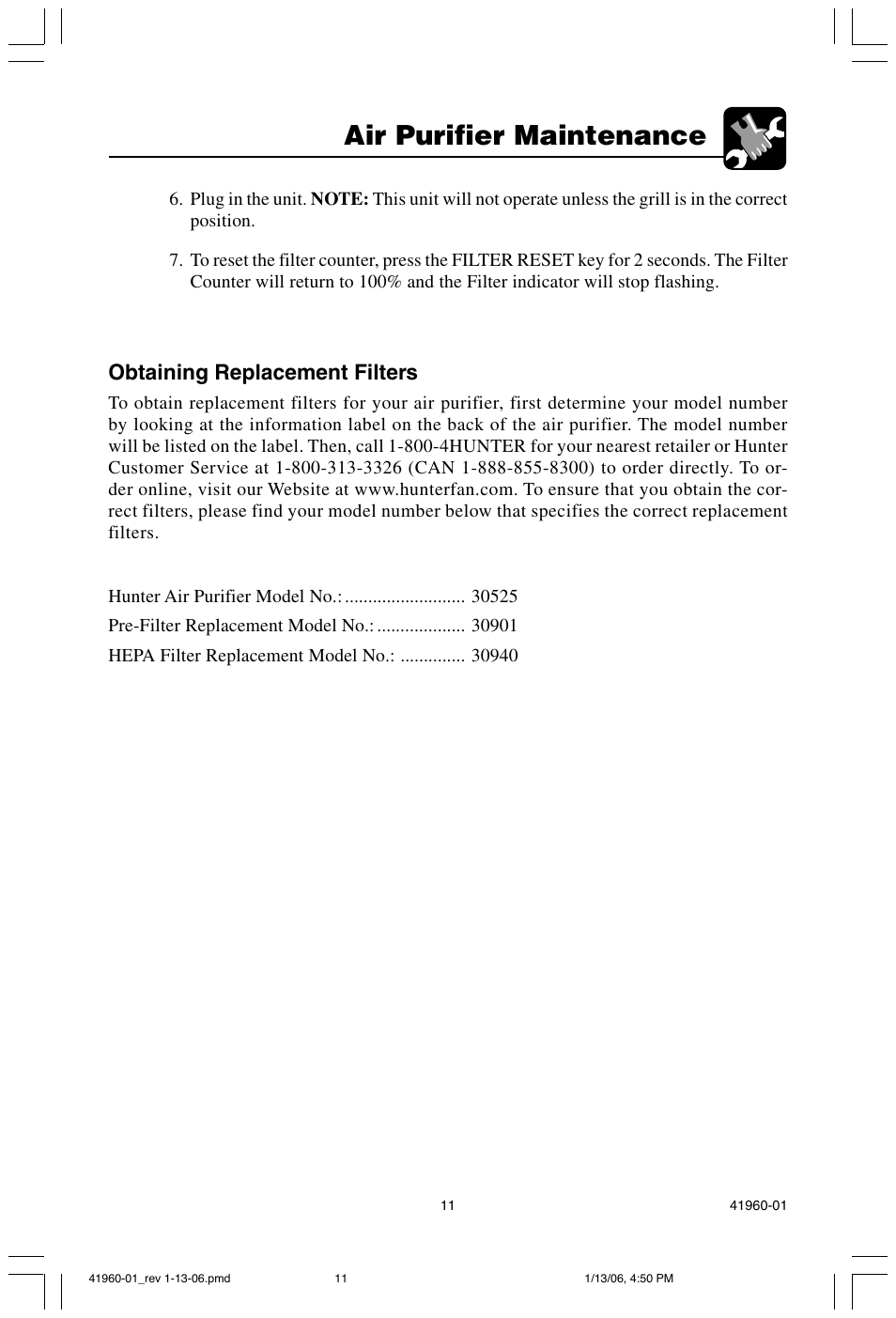 Air purifier maintenance, Obtaining replacement filters | Hunter Fan 30525 User Manual | Page 11 / 15