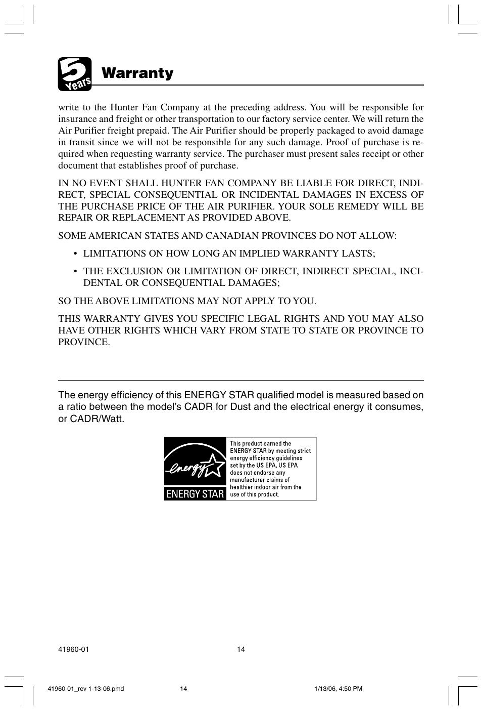 Warranty | Hunter Fan 30525 User Manual | Page 14 / 15