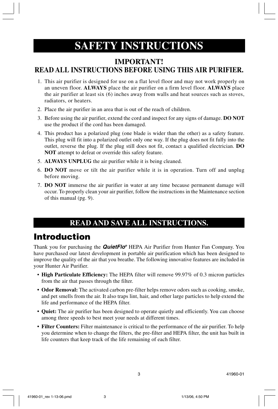 Safety instructions, Introduction, Read and save all instructions | Hunter Fan 30525 User Manual | Page 3 / 15