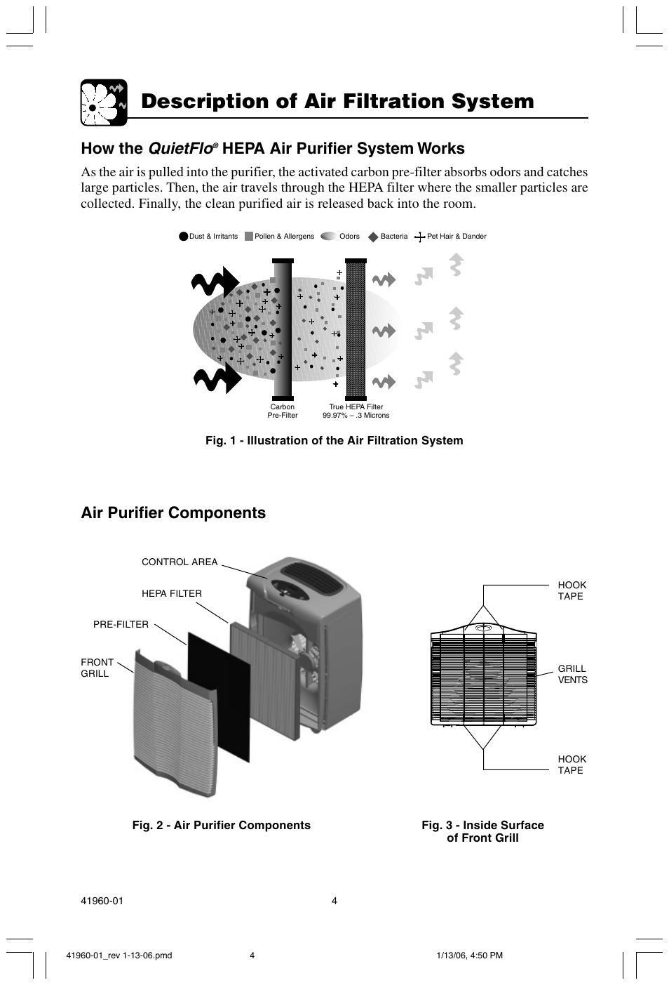 Description of air filtration system, Quietflo, How the | Hepa air purifier system works, Air purifier components | Hunter Fan 30525 User Manual | Page 4 / 15