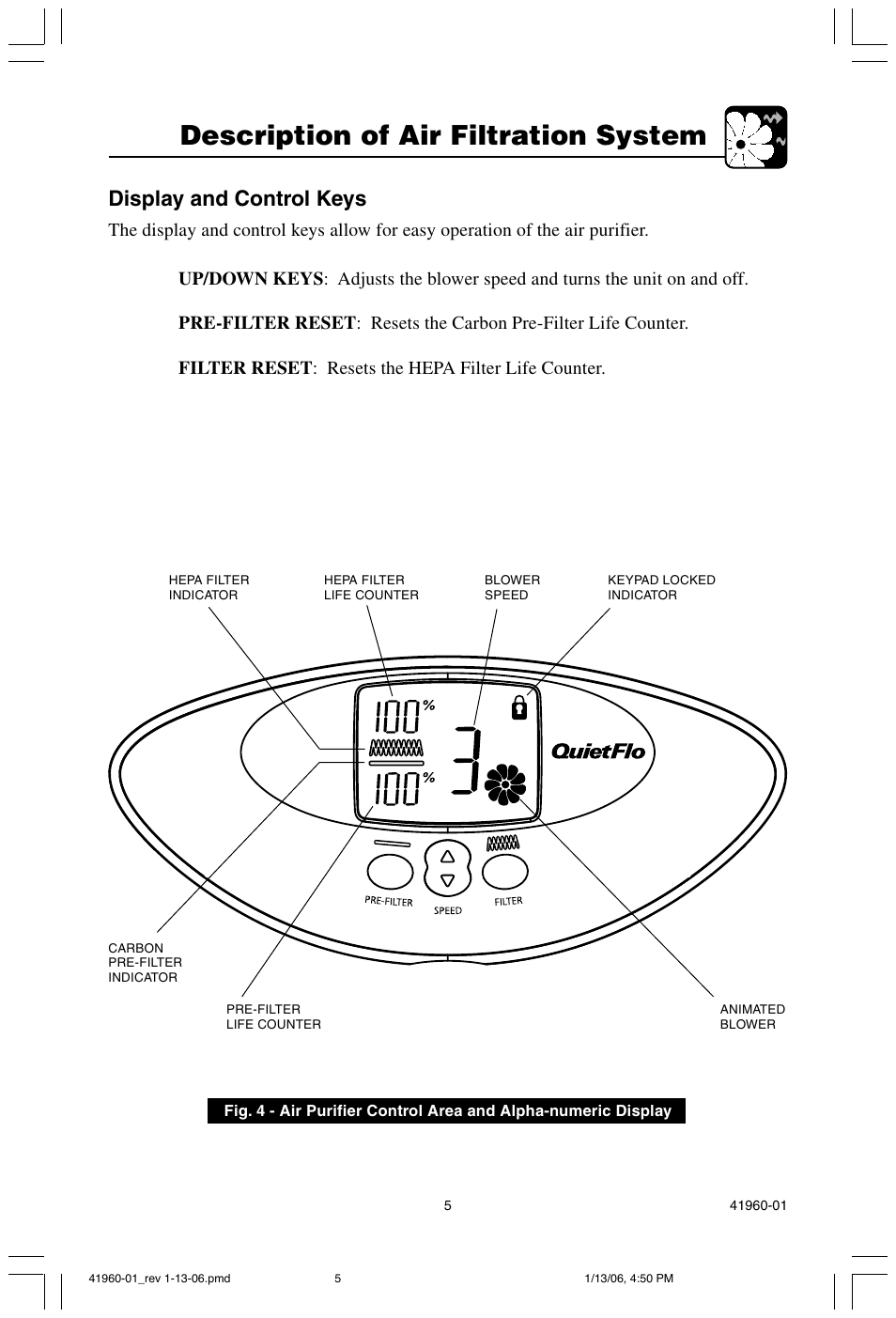 Description of air filtration system, Display and control keys | Hunter Fan 30525 User Manual | Page 5 / 15