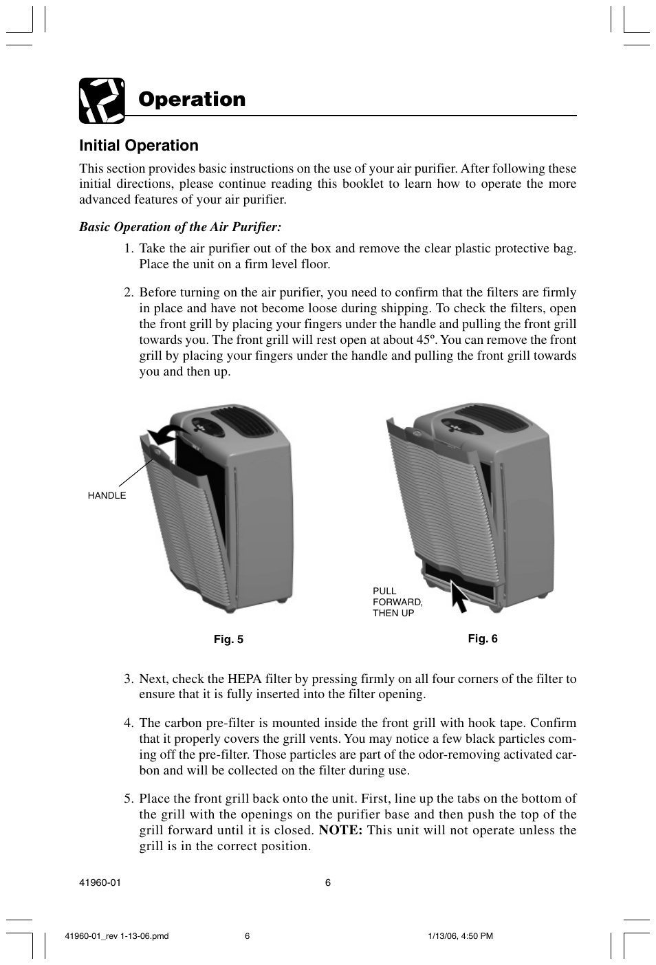 Operation, Initial operation | Hunter Fan 30525 User Manual | Page 6 / 15