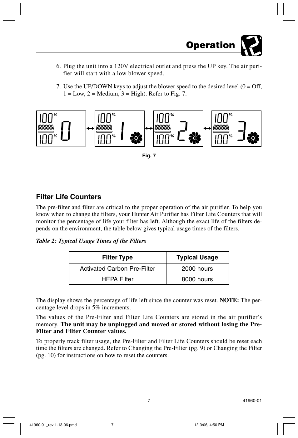 Operation, Filter life counters | Hunter Fan 30525 User Manual | Page 7 / 15