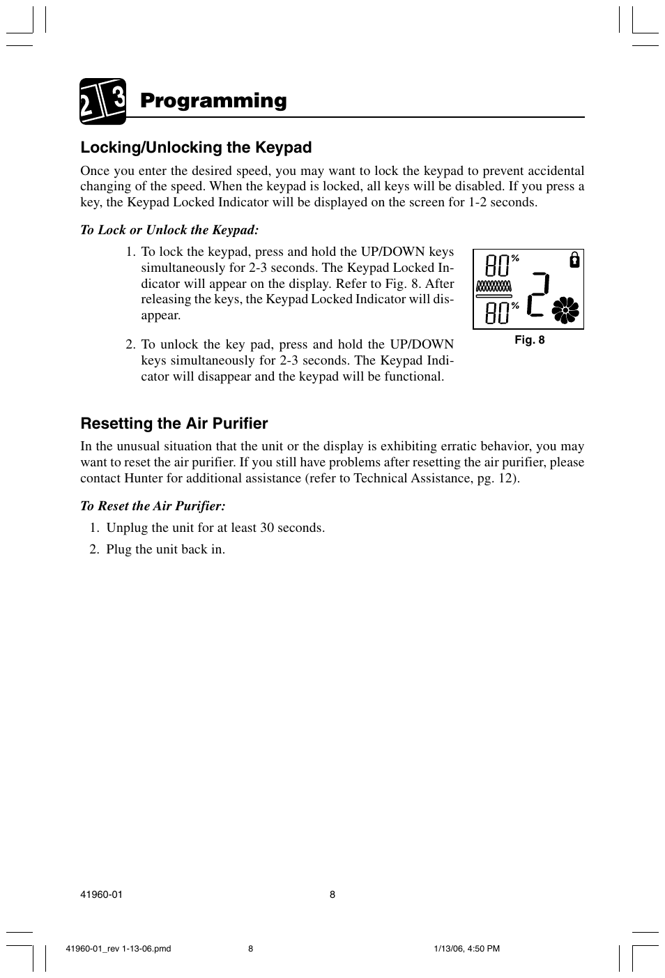 Programming, Locking/unlocking the keypad, Resetting the air purifier | Hunter Fan 30525 User Manual | Page 8 / 15