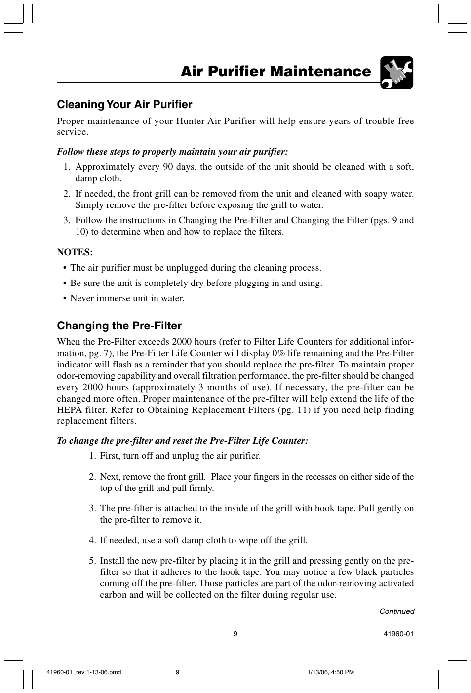 Air purifier maintenance, Cleaning your air purifier, Changing the pre-filter | Hunter Fan 30525 User Manual | Page 9 / 15