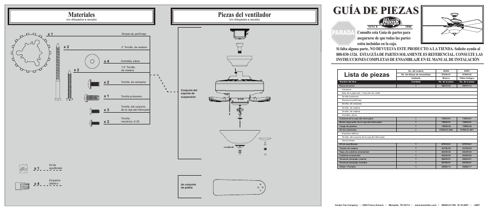 Guía de piezas, Materiales, Piezas del ventilador | Parada, Lista de piezas, X 1 x 4 | Hunter Fan 28461 User Manual | Page 2 / 2