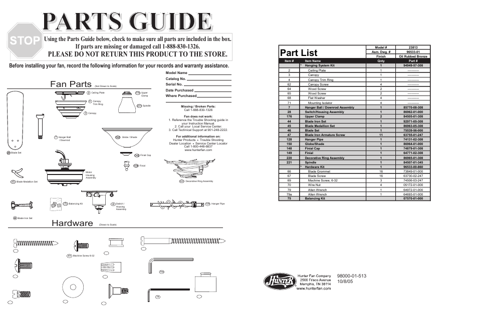 Parts guide, Part list, Fan parts | Hardware, Please do not return this product to the store | Hunter Fan 23813 User Manual | Page 2 / 4