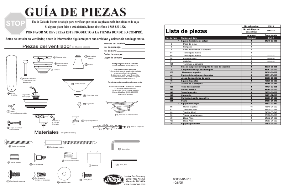 Guía de piezas, Lista de piezas, Materiales | Piezas del ventilador | Hunter Fan 23813 User Manual | Page 4 / 4