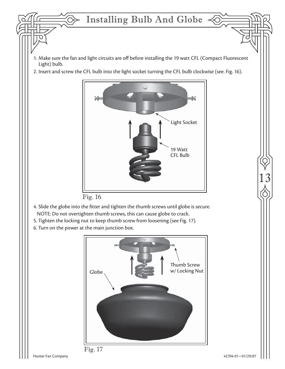 Installing bulb and globe | Hunter 23702 52 Hotel Original User Manual | Page 13 / 17