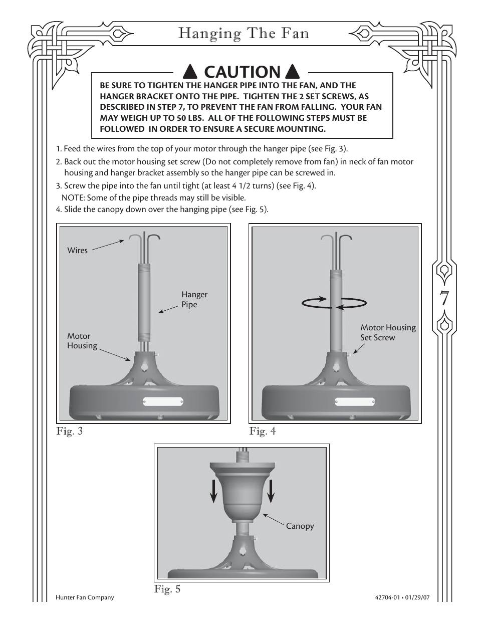 Caution, Hanging the fan | Hunter 23702 52 Hotel Original User Manual | Page 7 / 17