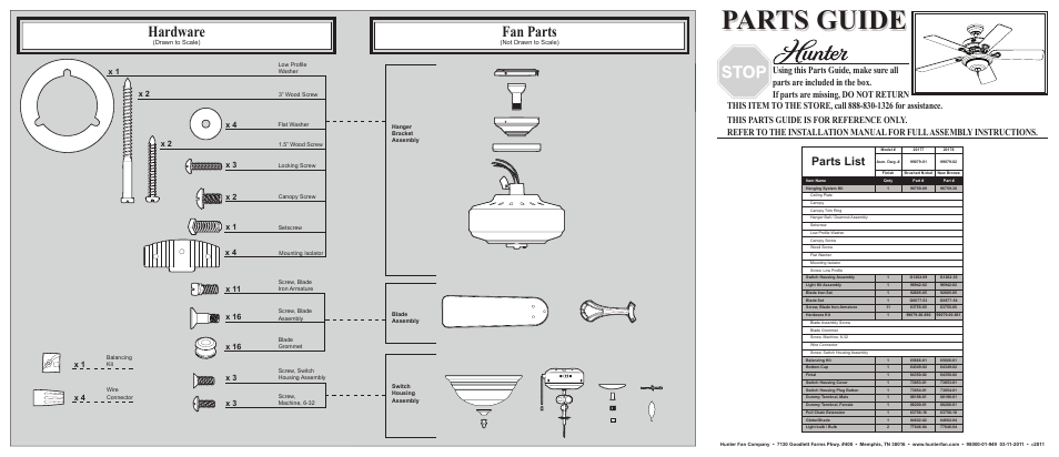 Hunter Fan Ceiling Fan Parts 20177 User Manual | 2 pages