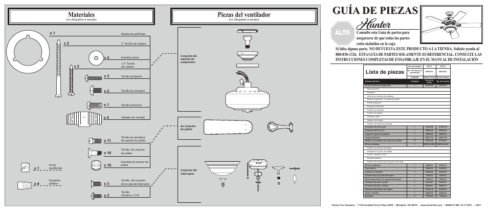 Guía de piezas, Piezas del ventilador, Materiales | Parada, Alto, Lista de piezas | Hunter Fan Ceiling Fan Parts 20177 User Manual | Page 2 / 2
