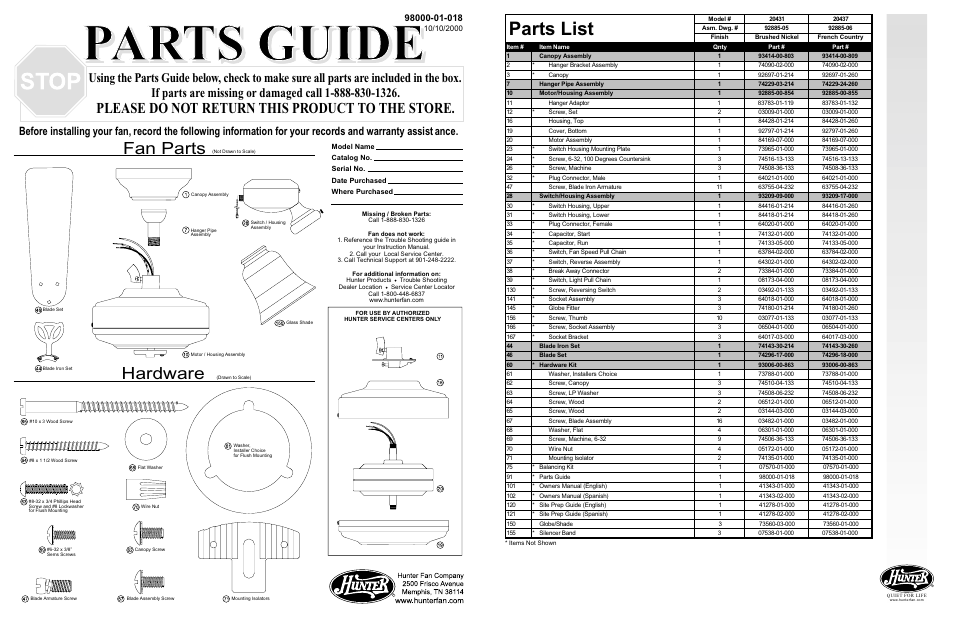 Hunter Fan 20431 User Manual | 2 pages