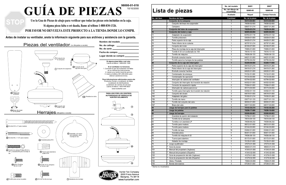 A de piezas, Guía de piezas, Lista de piezas | Piezas del ventilador, Herrajes | Hunter Fan 20431 User Manual | Page 2 / 2