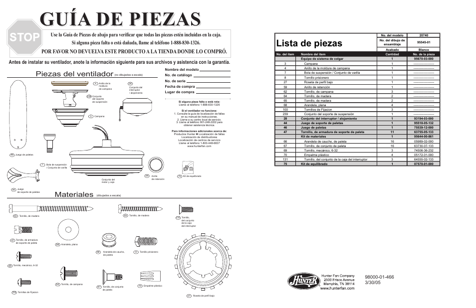 Gu guíía a de piezas de piezas guía de piezas, Lista de piezas, Materiales | Piezas del ventilador | Hunter Fan 20740 User Manual | Page 4 / 4