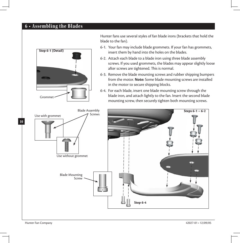 6 • assembling the blades | Hunter Fan hunter 42027-01 User Manual | Page 10 / 16