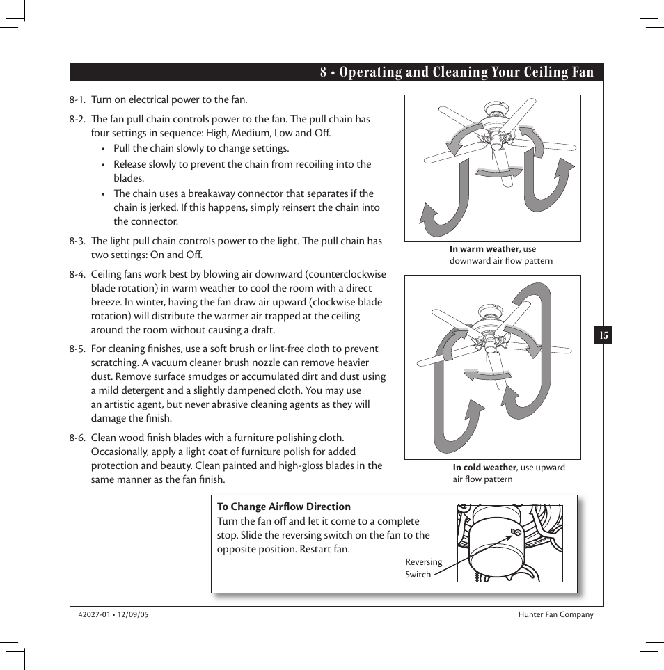 8 • operating and cleaning your ceiling fan | Hunter Fan hunter 42027-01 User Manual | Page 15 / 16